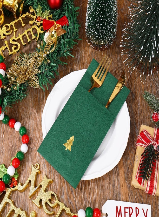 JarThenaAMCS مناديل جارثينا إيه إم سي إس، ٥٠ قطعة، بتصميم شجرة عيد الميلاد، مصنوعة من ورق مقوى ذهبي اللون، للاستخدام مرة واحدة، مصنوعة من ورق مقوى أخضر اللون، مطوية مسبقًا، مع جيب مدمج لأدوات المائدة، مثالية لحفلات الشتاء. - Image 5